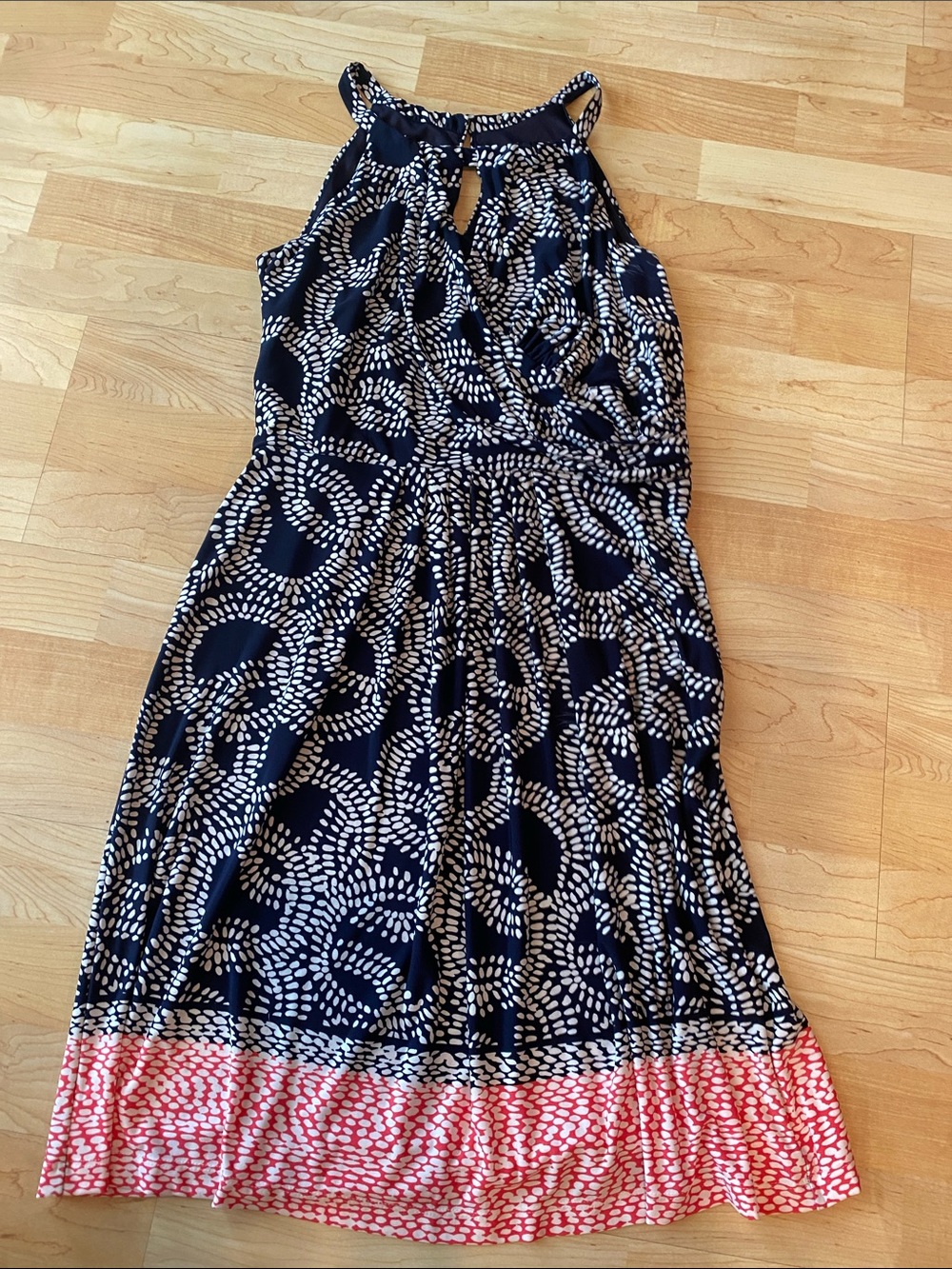 Enfocus Studio Navy and Coral Printed Halter Midi Dress